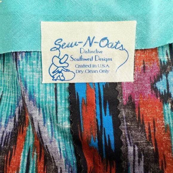 Vintage Sew-N-Oats Southwest Fringe Shawl Collar – Ikat Print with Beads & Conch